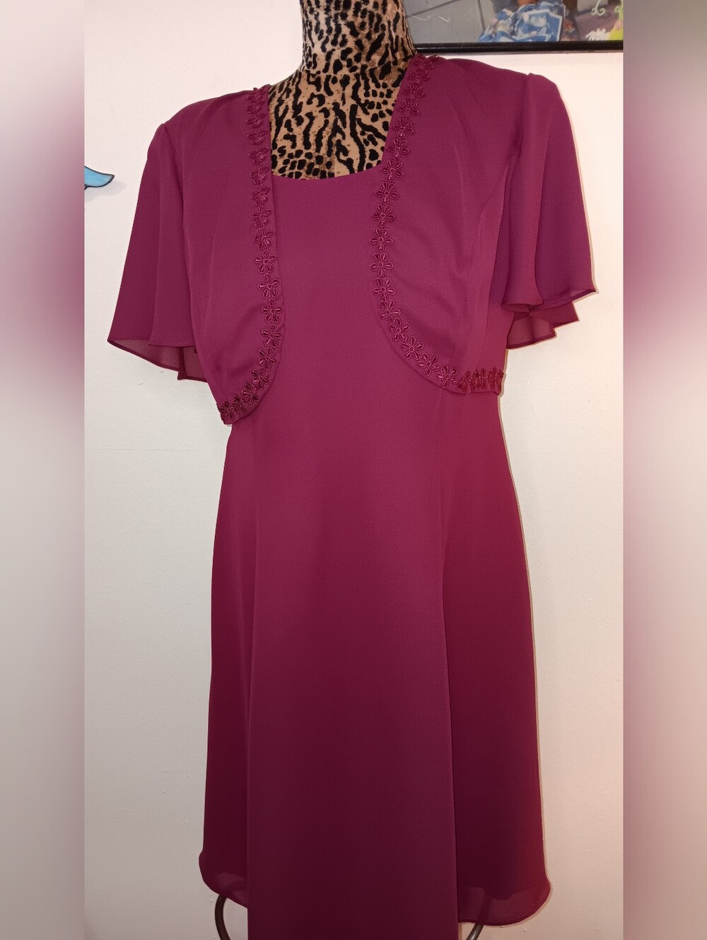 Onyx Fuchsia Pink Layered Sleeve Embroidered Overlay Dress